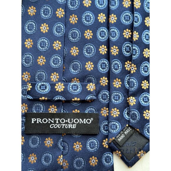 PRONTO UOMO Couture Tie Silk Designer Geometric Medallion Blue Handmade 61x3.5 - Picture 8 of 10